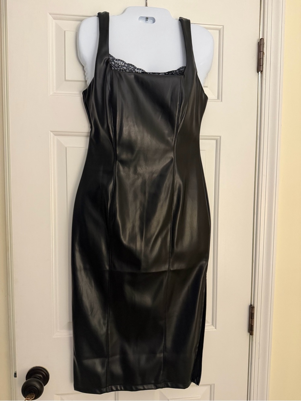 Iris Black Faux Leather Lace Trim Bodycon Midi Dress Side Slit M NWOT